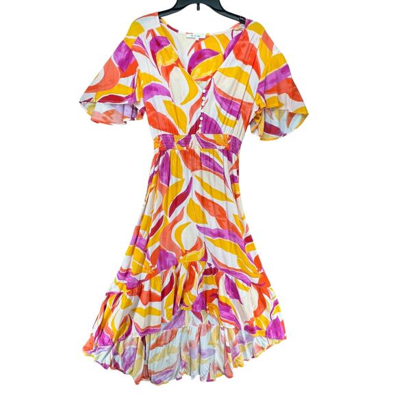 Anthro Abel The Label Dress L Multi Abstract Swish Midi Hi Lo Maximalist Boho - Picture 1 of 15